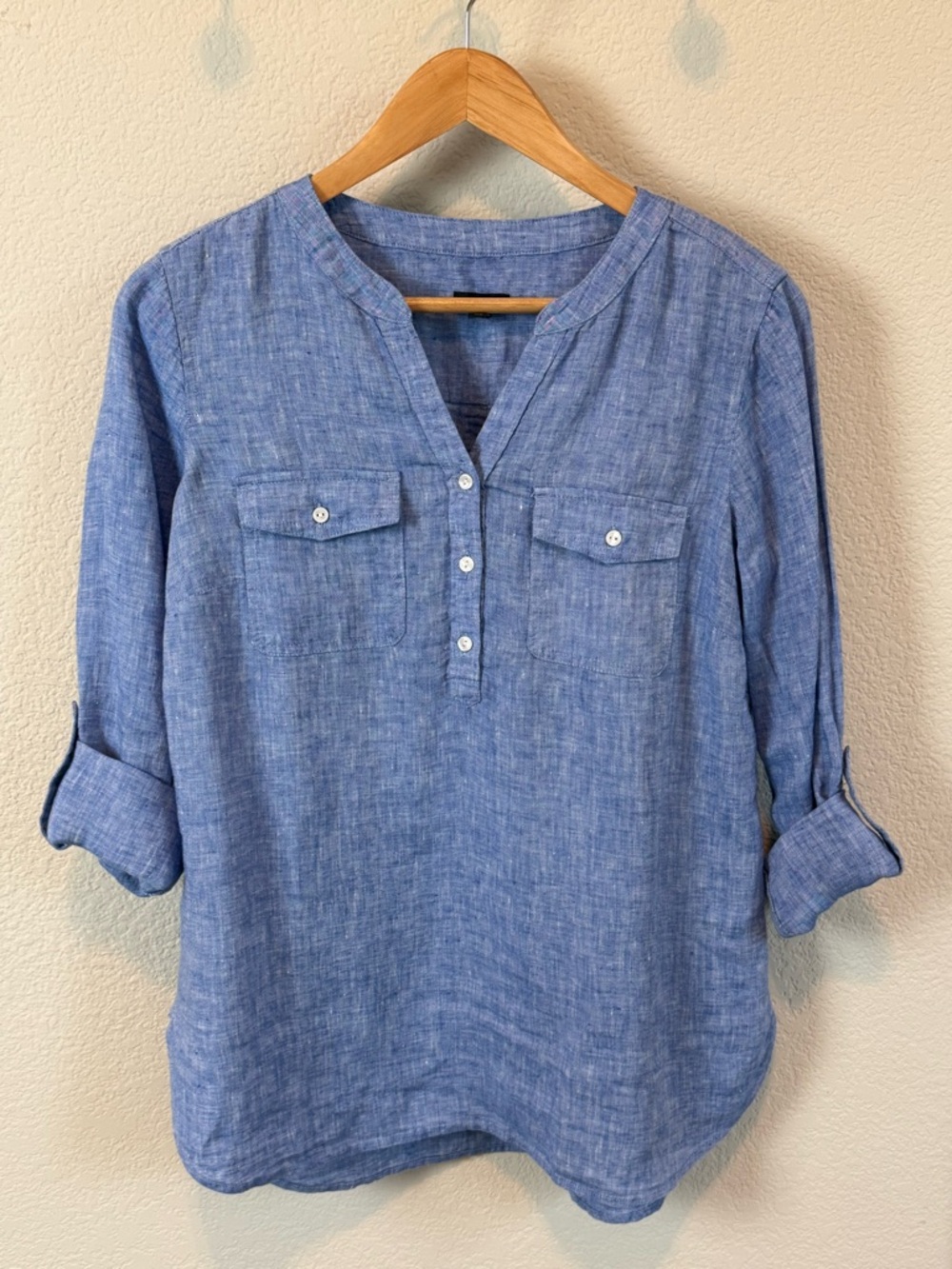 Talbots Women's Blue Button-Front 100% Linen Pullover Top Small EUC